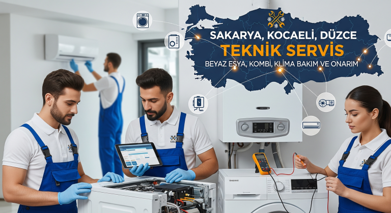 Sakarya, Kocaeli ve Düzce bölgelerine hizmet veren teknik servis ekibini temsil eden bir kompozisyon yer alıyor. Görselin merkezinde, beyaz eşya ve kombi gibi cihazların onarımı ve bakımı yapan üç teknisyen bulunuyor. Arka planda ise bir başka teknisyen klima bakımı yaparken görülüyor. Görselin sağ üst köşesinde Türkiye haritası üzerinde Sakarya, Kocaeli ve Düzce şehirleri vurgulanmış ve bu bölgelere hizmet verildiği belirtiliyor. Harita etrafında çamaşır makinesi, buzdolabı, kombi ve klima gibi farklı beyaz eşya ve cihaz ikonları, servis hizmetlerinin çeşitliliğini simgeliyor. Genel olarak, görselde profesyonellik, uzmanlık ve geniş hizmet ağı vurgulanarak, beyaz eşya, kombi ve klima arızalarında güvenilir bir çözüm ortağı olunduğu mesajı veriliyor.